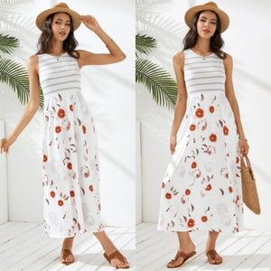 Floral Print & Striped Patchwork Crew Neck Maxi Dress