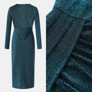 Glittery Lake Blue Slit Hem Wrap Design V-Neck Dress