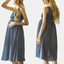 Load image into Gallery viewer, V-Neck Blue Stripe Pattern Stretch Waistband Maternity Dress