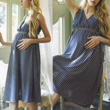 Load image into Gallery viewer, V-Neck Blue Stripe Pattern Stretch Waistband Maternity Dress