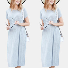 Load image into Gallery viewer, Grey Round Neck Pleated Design Long Maternity Dress (Drawstring waist)