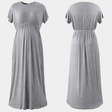 Load image into Gallery viewer, Grey Round Neck Pleated Design Long Maternity Dress (Drawstring waist)