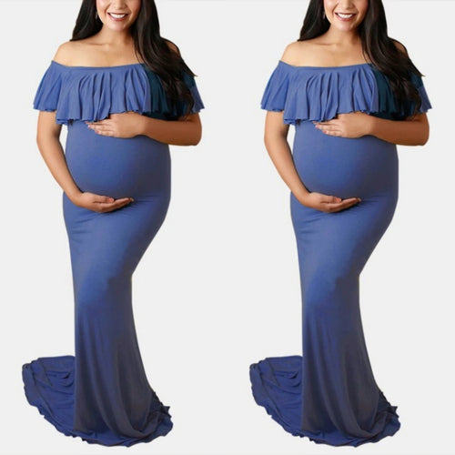 Blue Off the Shoulder Ruffled Design Maternity Dress