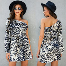 Load image into Gallery viewer, Apricot Beige Leopard Print Belt Design One Shoulder Ruffle Trim Mini Dress