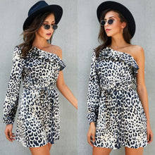 Load image into Gallery viewer, Apricot Beige Leopard Print Belt Design One Shoulder Ruffle Trim Mini Dress