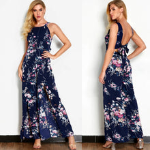 Load image into Gallery viewer, Navy Floral Print Backless Lace Up Slit Design Jumpsuit (Adjustable shoulder straps)