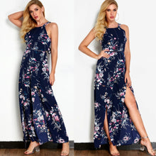 Load image into Gallery viewer, Navy Floral Print Backless Lace Up Slit Design Jumpsuit (Adjustable shoulder straps)