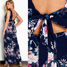 Load image into Gallery viewer, Navy Floral Print Backless Lace Up Slit Design Jumpsuit (Adjustable shoulder straps)