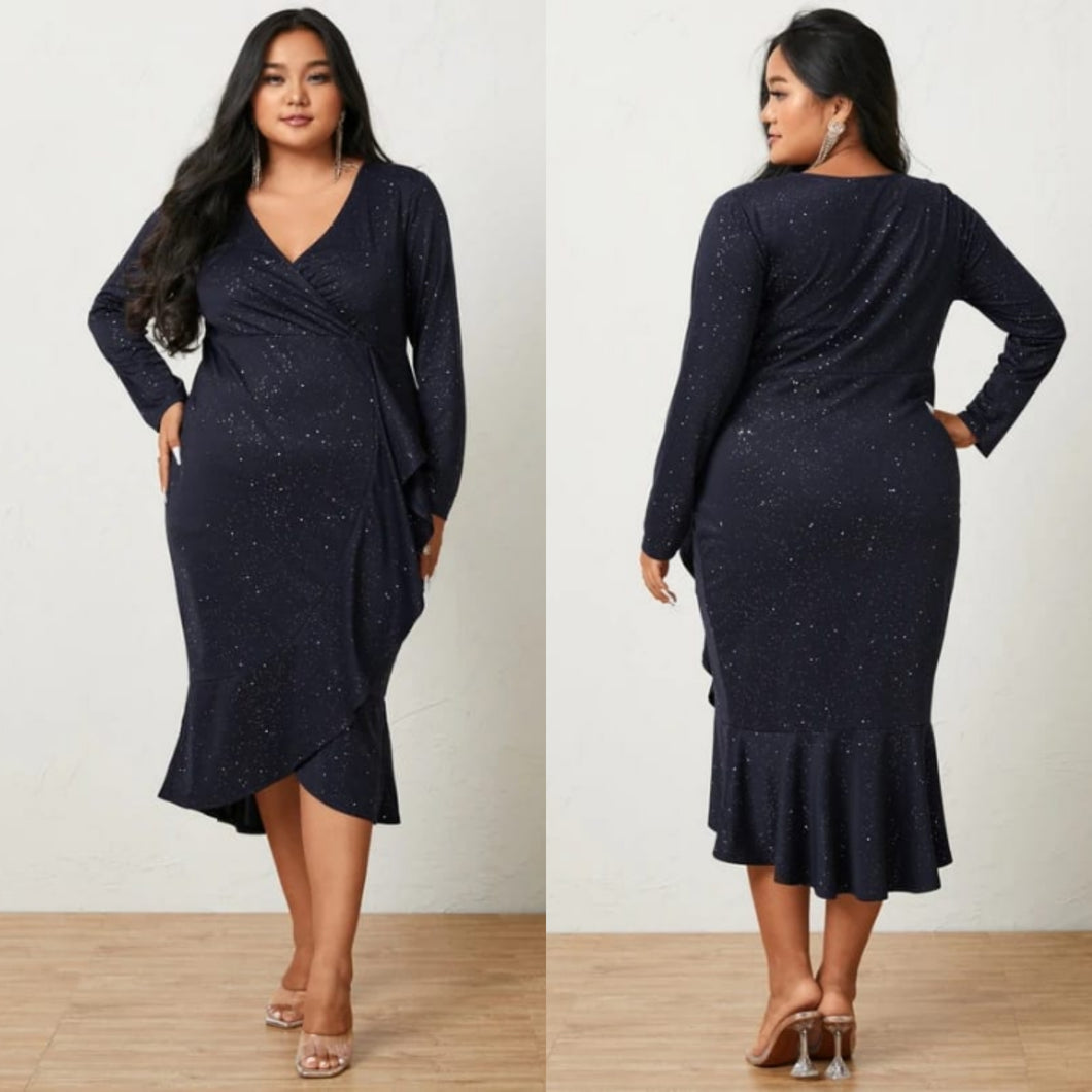 Plus Size Navy Glitter V-Neck Wrap Design Long Sleeves Midi Dress