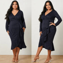 Load image into Gallery viewer, Plus Size Navy Glitter V-Neck Wrap Design Long Sleeves Midi Dress