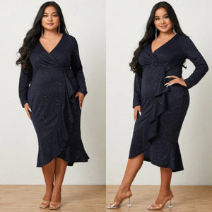 Plus Size Navy Glitter V-Neck Wrap Design Long Sleeves Midi Dress