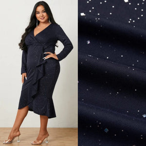 Plus Size Navy Glitter V-Neck Wrap Design Long Sleeves Midi Dress