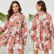 Load image into Gallery viewer, Pink Floral Print Shirring Mock Neck Long Sleeves Mini Dress