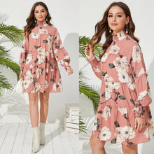 Load image into Gallery viewer, Pink Floral Print Shirring Mock Neck Long Sleeves Mini Dress