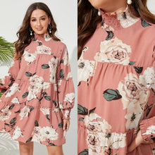 Load image into Gallery viewer, Pink Floral Print Shirring Mock Neck Long Sleeves Mini Dress