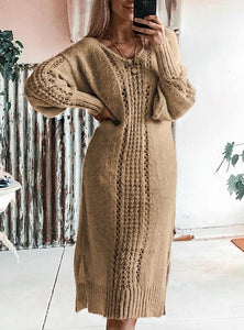 Hollow Design V-Neck Long Sleeves Sweater Dress