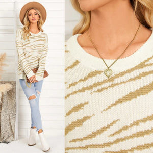 Beige Zebra Stripe Round Neck Sweater