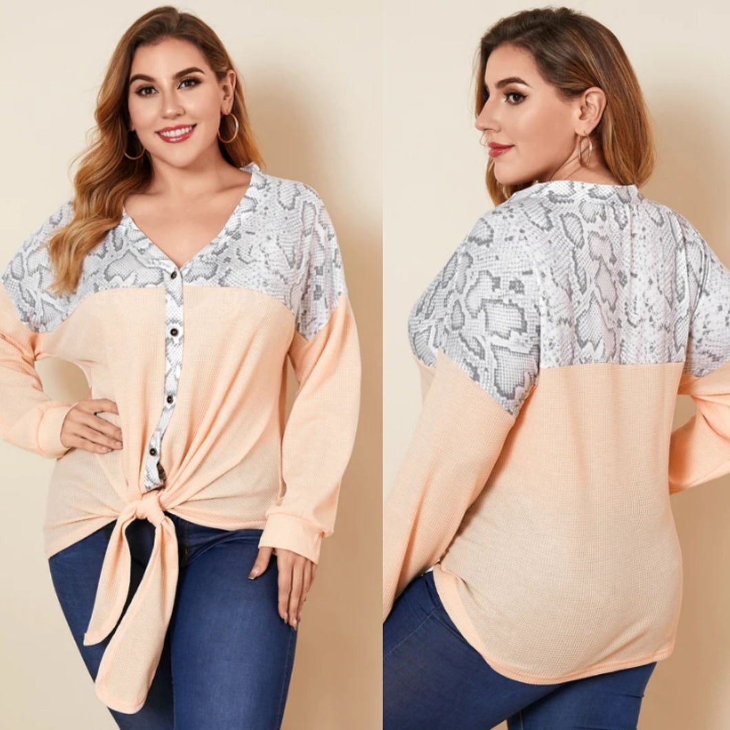 Plus Size Pink V-Neck Snake Print Tie-up Design Raglan Sleeves Knitwear