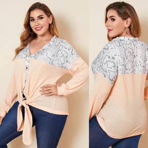 Plus Size Pink V-Neck Snake Print Tie-up Design Raglan Sleeves Knitwear