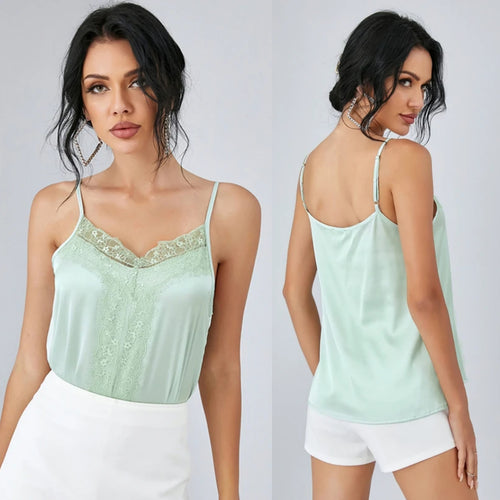 Satin Lace Patchwork Eyelash Trim V-Neck Adjustable Shoulder Straps Camisole (Multiple)